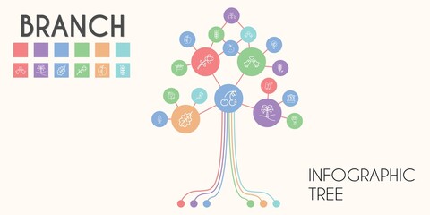 branch vector infographic tree. line icon style. branch related icons such as cherry, flowers, hierarchical structure, tree, bouquet, trees, sloth, oak leaf, flower, palm tree