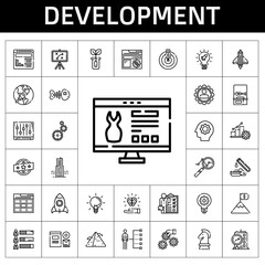 development icon set. line icon style. development related icons such as settings, website, test tube, goal, sprout, idea, rocket, branding, ideas, building, skills, analytics