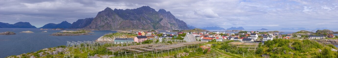 Fototapeta na wymiar Panoramic image of the fishing village of Henningsvear on the Lofoten islands in northern Norway