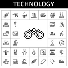 technology icon set. line icon style. technology related icons such as idea, space shuttle, analytics, robot, highlighter, helicopter, hourglass, microphone, email, industrial robot