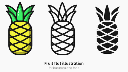 Flat pineapple vector illustration set. Summer fruit with yellow color and black outline for dietm tasty dessert and sweet food. Fresh healthy food for juice and logo.  Pineapple ripe fruit icon set