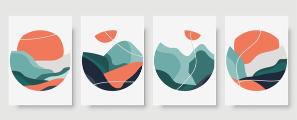 Abstract japanese landscape wall art print set. Abstract landscape poster collection for decor. Minimal mid century wall art vector for asian culture. Colorful japanese posters for contemporary decor