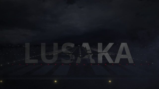 Plane taking off from the airport and LUSAKA city name. 3d animation