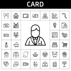 card icon set. line icon style. card related icons such as soup, woman, sickle, trick, pantone, photo camera, wedding car, paper, stationary, shopping cart, love letter, room service