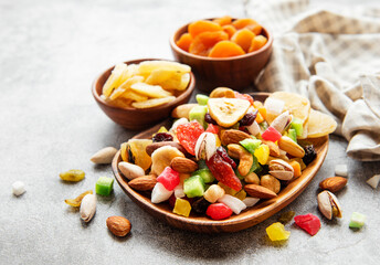Bowls with various dried fruits and nuts