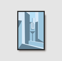 Architecture wall art print. Blue pastel staircase illustrtion for poster, print and decor. Geometric architectural wall art with light and shadows. Stairs, arch and wall minimal vector