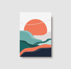 Abstract japanese landscape wall art print. Abstract landscape poster for decor. Minimal mid century wall art vector for asian culture. Colorful japanese posters for contemporary decor