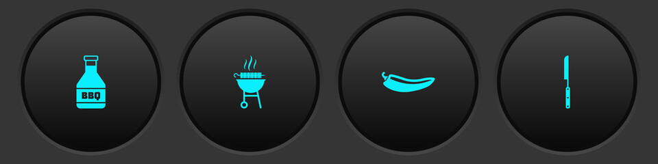 Set Ketchup bottle, Barbecue grilled shish kebab, Hot chili pepper pod and knife icon. Vector