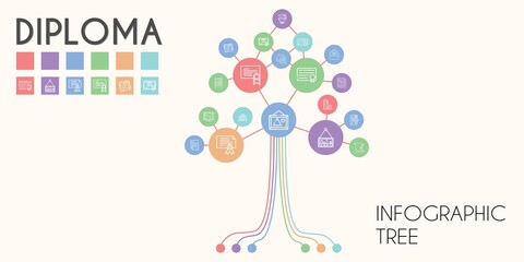 diploma vector infographic tree. line icon style. diploma related icons such as parchment, cap, university, graduate, certificate, curriculum, diploma, picture, school material