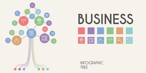 business vector infographic tree. line icon style. business related icons such as stool, website, zoom in, piggy bank, saw, video camera, text editor, users, dart board, filter