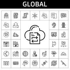 global icon set. line icon style. global related icons such as earth globe, news reporter, co2, flags, networking, google maps, communications, passport, browser, share