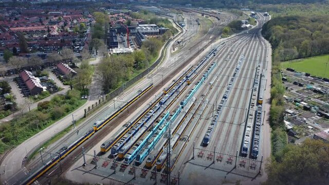 Marshalling railway station in Amersfoort the Netherlands with lots of trains, Aerial