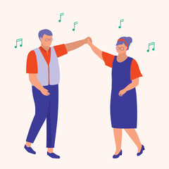 Senior Couple Dance Together. Couple Dating Concept. Vector Illustration Flat Cartoon. Romantic Elderly Couple Enjoys Dancing.