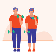 Fototapeta premium Senior Couple In Dumbbell Workouts. Active Lifestyles Concept. Vector Flat Cartoon Illustration. Old Couple Doing Exercise Together.
