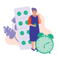 Old Woman Reminded To Take Medicine. Medication And Reminder Concept. Vector Flat Cartoon Illustration. Senior Woman Holding A Glass Of Water And Pills.