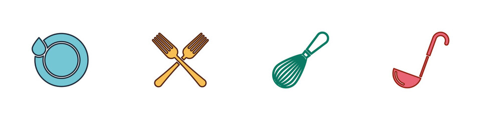 Set Washing dishes, Crossed fork, Kitchen whisk and ladle icon. Vector