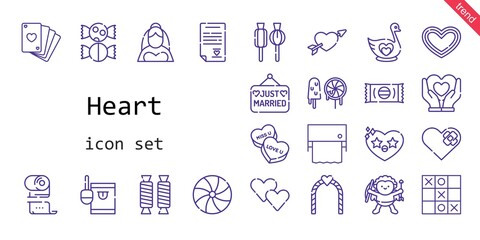 heart icon set. line icon style. heart related icons such as bride, just married, candy, swan, poker, lollipop, heart, cupid, wedding arch, tic tac toe, toilet paper, sweets, sweet, wedding contract,