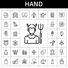 hand icon set. line icon style. hand related icons such as love, basket, egg, mortar, idea, feeder, devil, waffle iron, hand mirror, robot, ice cream, qr code, love letter, wheat