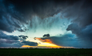 Amazing sunset over the fields in northern Poland