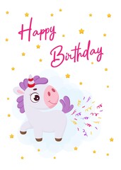 Happy Birthday printable party greeting card template with cute magical unicorn pooping confetti. Bright colored stock vector illustration