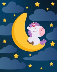Cute little unicorn sleeping on moon in night sky. Cartoon character for kids room decoration, nursery art, birthday party, baby shower. Bright colored stock vector illustration