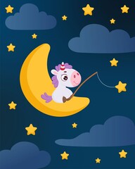Cute magical unicorn sitting on moon with fishing rod catches stars. Cartoon character for kids room decoration, nursery art, birthday party, baby shower. Bright colored stock vector illustration