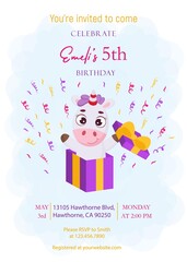 Happy Birthday printable party invitation card template. Event template with cute magical unicorn jumping from gift box. Bright colored stock vector illustration