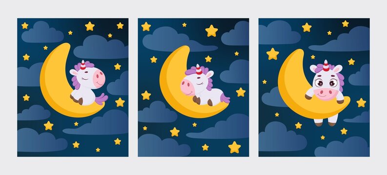 Cute magical unicorn sleeping on moon in night sky set card template. Cartoon character for kids room decoration, nursery art, birthday party, baby shower. Bright colored stock vector illustration