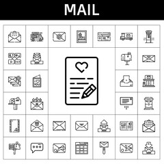 mail icon set. line icon style. mail related icons such as website, mail, food truck, stamp, message, envelope, box, truck, web, postcard, post office, love letter