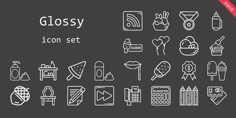 glossy icon set. line icon style. glossy related icons such as calculator, foam, acorn, pencil, rss feed, shelf, debit card, lips, dressing table, ice cream, pencils, medal, ballons, fast forward