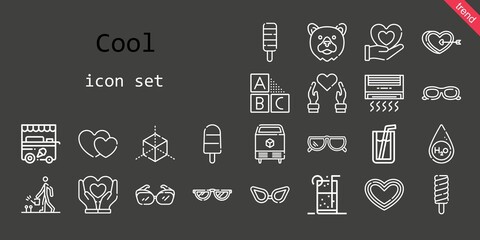 cool icon set. line icon style. cool related icons such as sunglasses, soft drink, ice cream cart, ice, soda, water, popsicle, heart, glasses, watering, cubes, hearts, air conditioner, bear