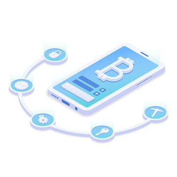 Cryptocurrency exchange app.  Smartphone cryptocurrency convertation concept. Vector illustration in isometric style. Isolated on white background