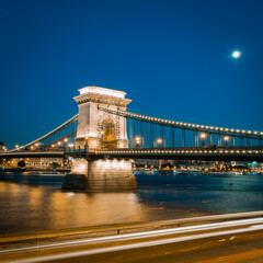 Illuminated Chain Bridge in Budapest on a summer night