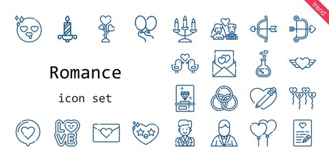 romance icon set. line icon style. romance related icons such as love, groom, balloons, heart, love potion, cupid, diamond, rings, in love, candelabra, love birds, candle, love letter, newlyweds,