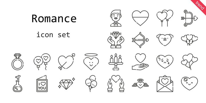 romance icon set. line icon style. romance related icons such as love, cupid, diamond, groom, balloon, balloons, engagement ring, candle, broken heart, love letter, heart, love potion,