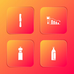 Set Disposable plastic knife, Ecology infographic, Bottle of water and Lotion cosmetic tube icon. Vector