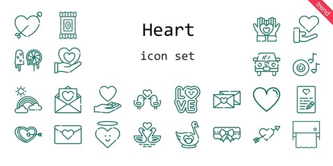 Naklejka premium heart icon set. line icon style. heart related icons such as love, like, candy, garter, swan, heart, swans, cupid, wedding car, rainbow, romantic music, love birds, love letter, toilet paper, sweets,