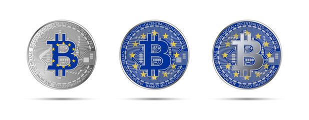 Three Bitcoin crypto coins with the flag of the European Union. Money of the future. Modern cryptocurrency vector illustration