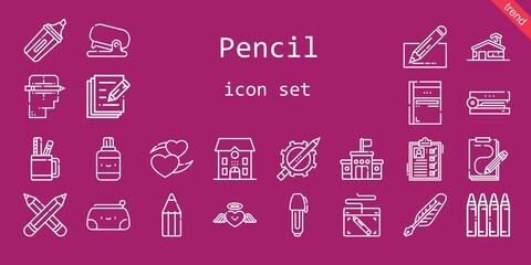 pencil icon set. line icon style. pencil related icons such as crayon, stapler, edit, quill, correction fluid, pencil, list, sketchbook, case, heart, creative, graphic tablet, school