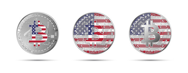 Three Bitcoin crypto coins with the flag of USA. Money of the future. Modern cryptocurrency vector illustration © kurkalukas