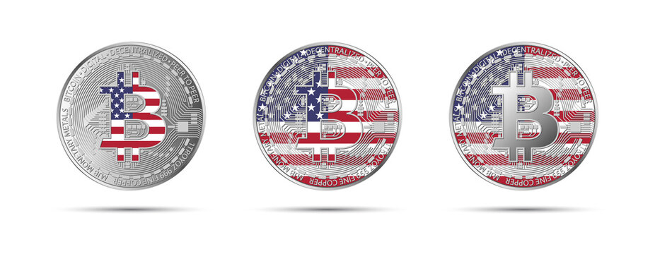Three Bitcoin crypto coins with the flag of USA. Money of the future. Modern cryptocurrency vector illustration