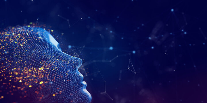Big data and artificial intelligence concept. Machine learning and cyber mind domination concept in form of women face on dark blue technology background, 3d illustration.