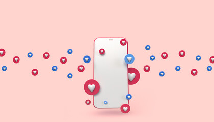 Smartphone with heart icons and blank screen isolated on pink background. 3d rendering - obrazy, fototapety, plakaty