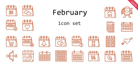 february icon set. line icon style. february related icons such as calendar, cupid, valentines day,