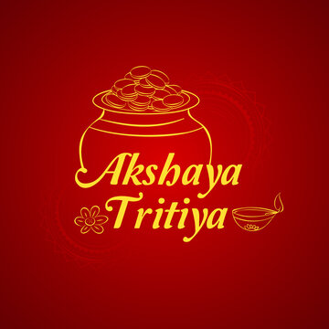 Happy Akshaya Tritiya, Indian religious festival background with greeting text and line drawing illustration of pot full of gold coins.