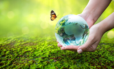A man with a glass globe Concept day earth Save the world save environment The world is in the...