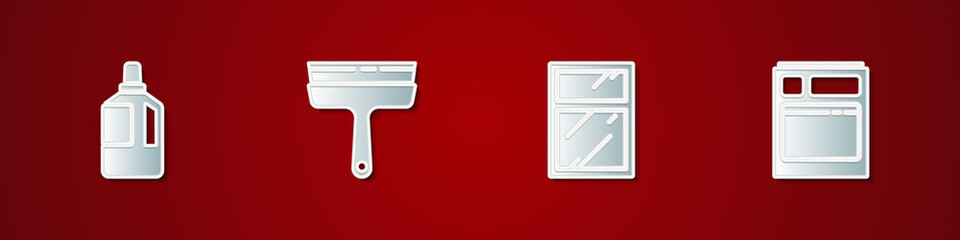 Set Fabric softener, Rubber cleaner for windows, Cleaning service and Kitchen dishwasher machine icon. Vector