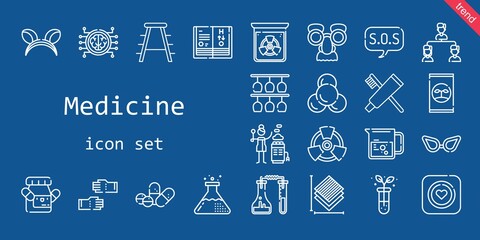 medicine icon set. line icon style. medicine related icons such as pills, stool, test tube, hot stones, glove, medicine, brain, beaker, fertilizer, structure, glasses, ears, toothpaste, radiation