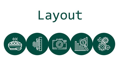layout background concept with layout icons. Icons related development, stationary, bar chart, pie, photo camera