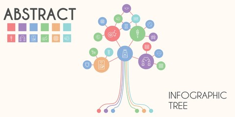 abstract vector infographic tree. line icon style. abstract related icons such as news, website, sprout, mercury, cpu, torch, thread, oil paint, brain, heart, shelf, eclipse